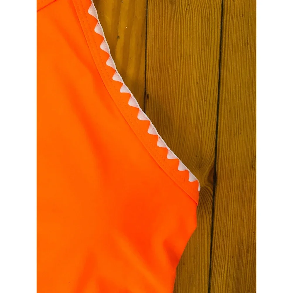 Beachsissi Womens Neon Orange Scallop Trim High Neck High Waist Bikini Set Small
